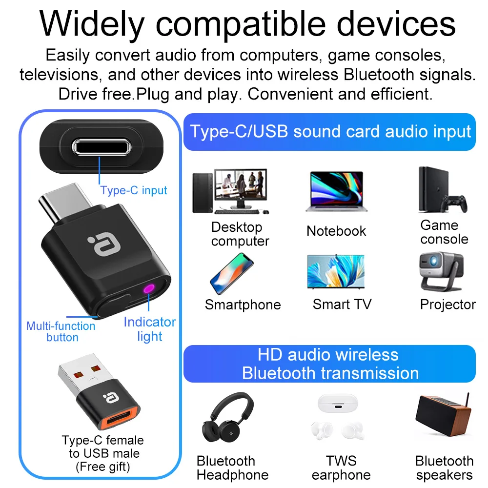 Type-C Bluetooth 6.0 송신기 QCC.5181 LDAC AptX 무손실/HD 96kHz/24bit 무선 어댑터 전화/PC/태블릿용 1~2개 출력 썸네일 4