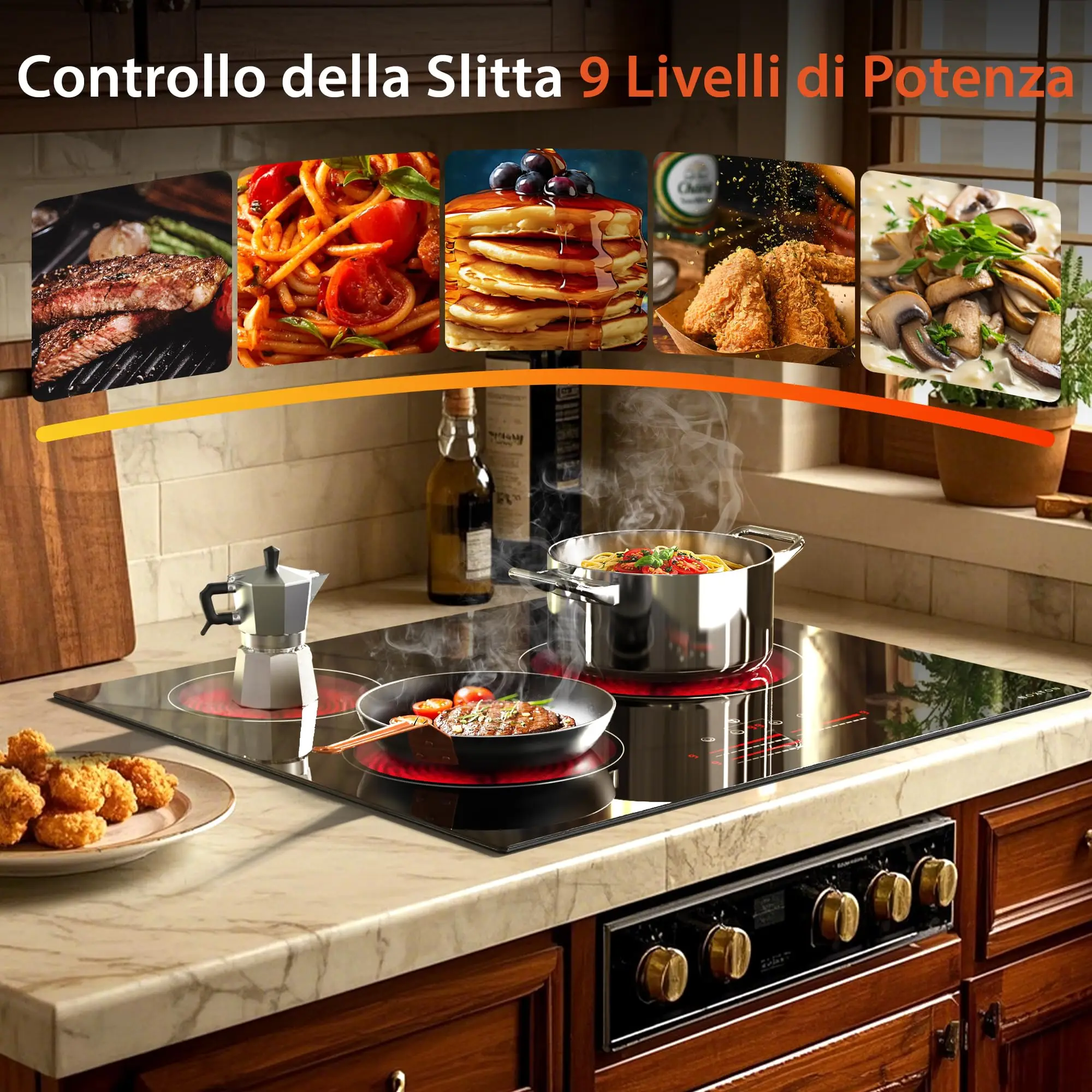 موقد NOXTON ذاتي الكفاءة 60 سم مع مناطق طهي بحلقة مزدوجة، مسطح سيراميك زجاجي 3 أطباق، 5500 وات، 220-240 فولت بدون قابس #5