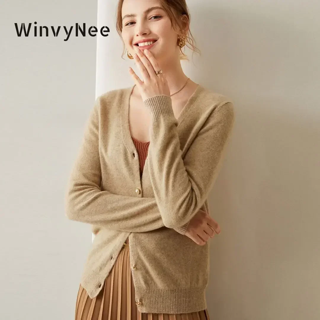 WinvyNee Women Cashmere Wool Cardigans Sweater Solid Casual Warm V Neck Outerwears Knitwear Tops 2024 Autumn Clothing B1174004