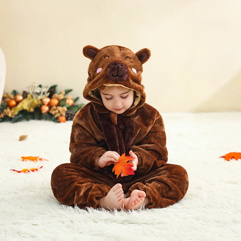 

Halloween Baby Jumpsuits Winter Warm Clothes Brown Capybara Hooded Onesie Lovely Animal Romper Baby Boys Girls Cosplay Outfit