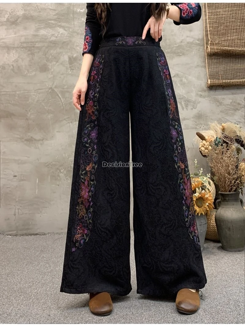 2024 new spring chinese national style wide leg trousers embroidered cotton and linen jacquard long loose style women pants w223