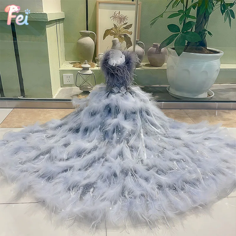 

Elegant Feather and Sequin Dog Dress Luxury Trailing Evening Gown for Small Dogs Perfect for Special Occasions and Halloween