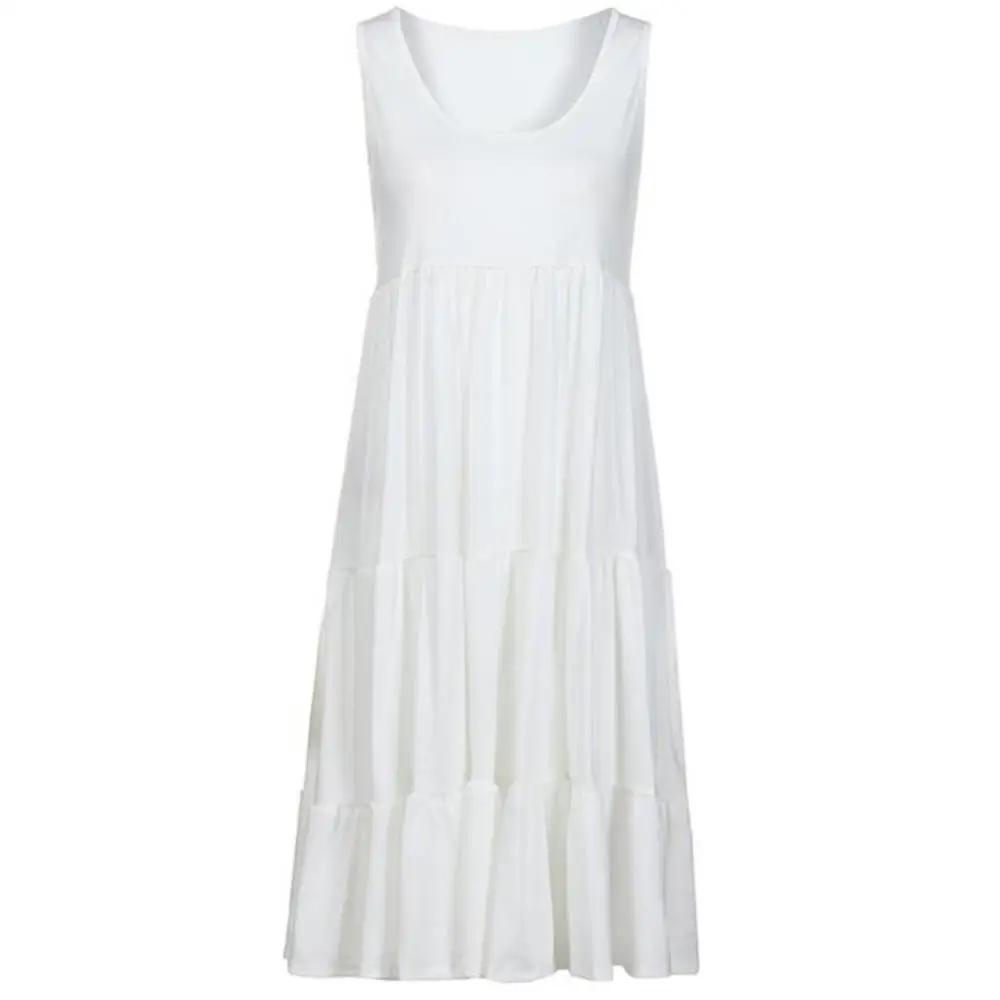 

Dress Solid Color O Neck Plus Size Women Sleeveless Pleated Stitching A-line Dress