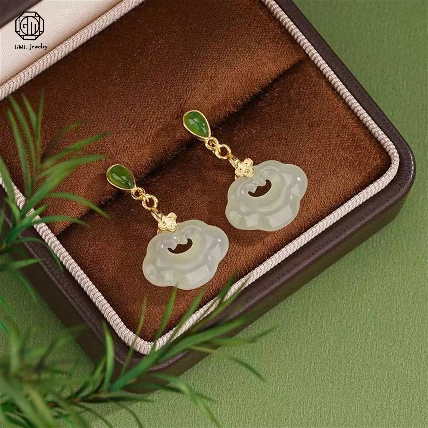 Natural Hetian Jade Ruyi Lock Earrings 925 Sterling Silver Ethnic Vintage Square Sugar Stud Women Premium Earrings Jewelry Gift