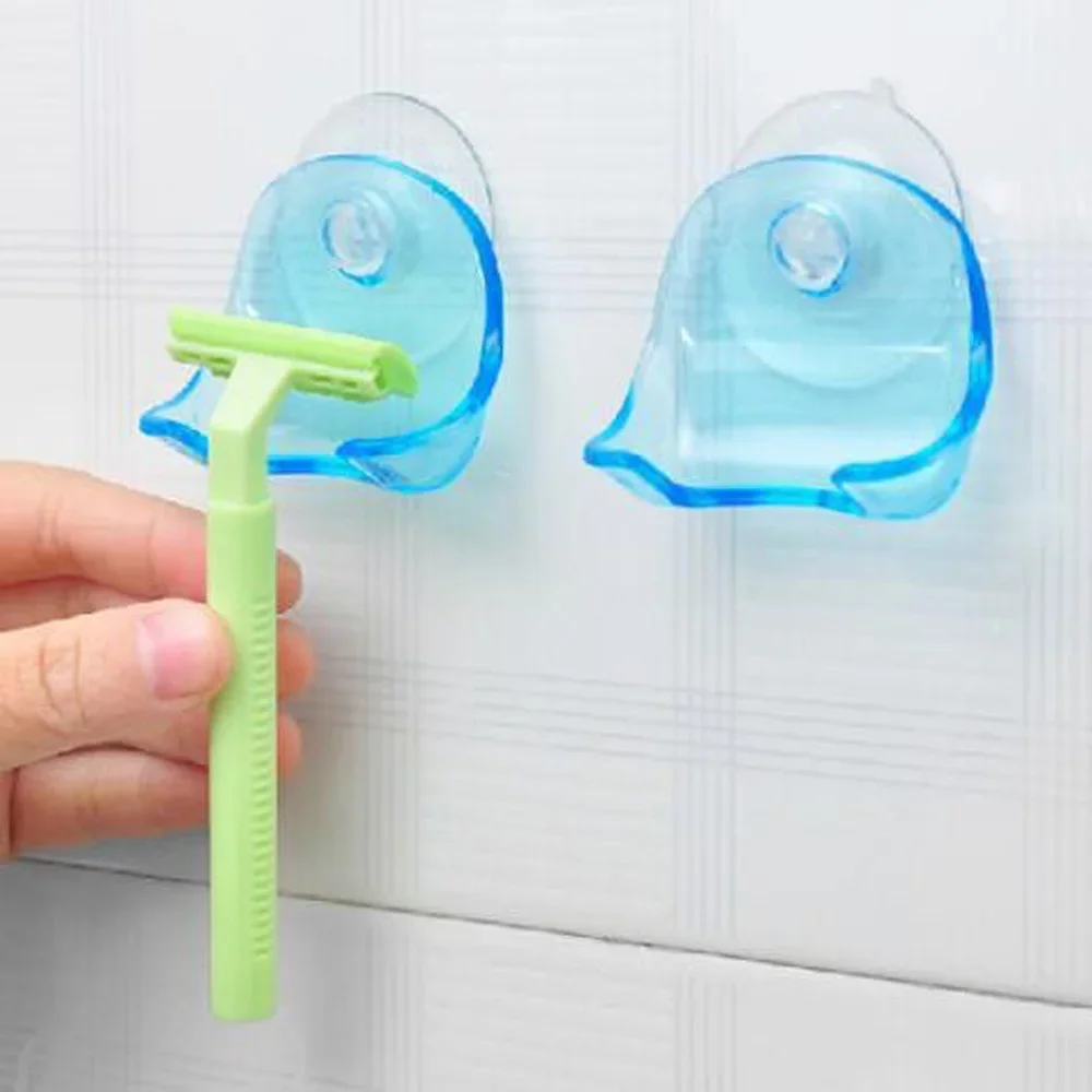 Blue+Grey Suction Cup Razor Rack 2Pcs/Set Plastic Bathroom Razor Holder Tool Self-adhesive Shaver Storage Rack Tool Accessories