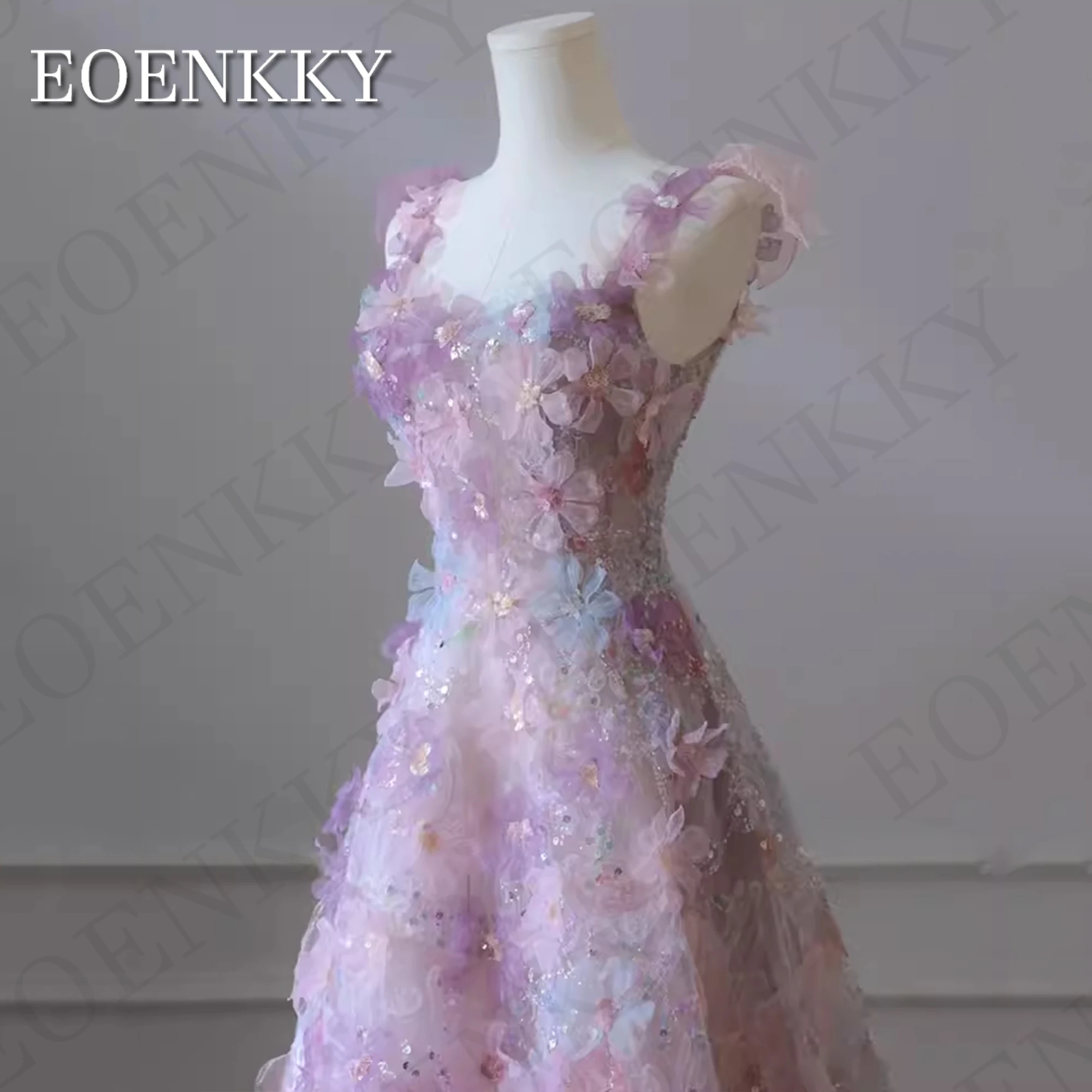 EOENKKY Exquisite 3D Flores Vestidos de Baile Glitter Lantejoula Uma Linha Spaghetti Strap Vestido De Festa De Casamento Personalizado Vestidos de