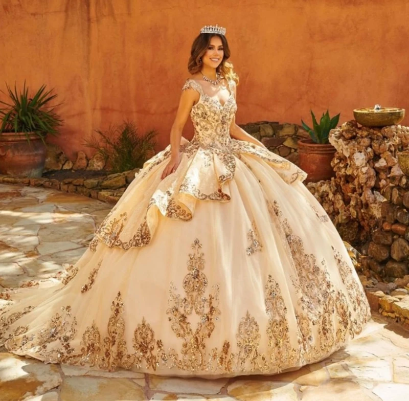 

EVLAST Customized Quinceanera Dress Cap Sleeve Flower Applique Gold Lace Crystal Formal Princess Gown Vestido De 15 Años TQD021