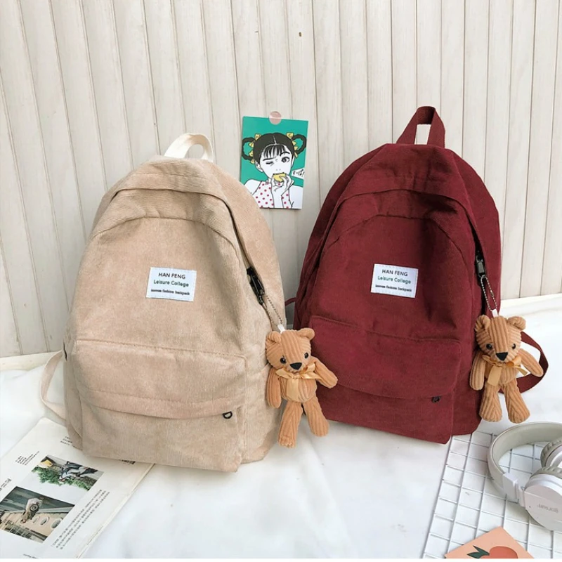 Korean Corduroy Backpack Solid Color Lightweight Waterproof Large Capacity Student School Bag For Girls Women Travel Daypack