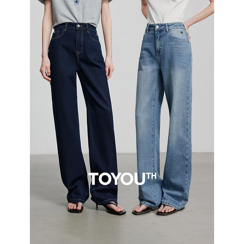 TOYOUTH Women Denim Jeans 2025 Spring New Fashionable Embroidered Mid Wasit Versatile Wide Leg Pants