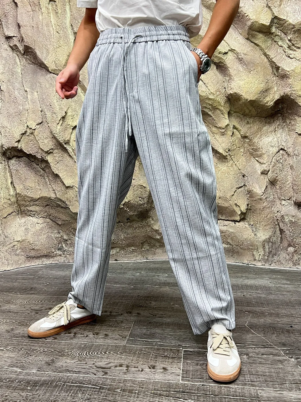 Retro Washed Striped Casual Pants for Men Elastic Waist Comfortable Breathable Fashionable Straight Leg Polyester Blend