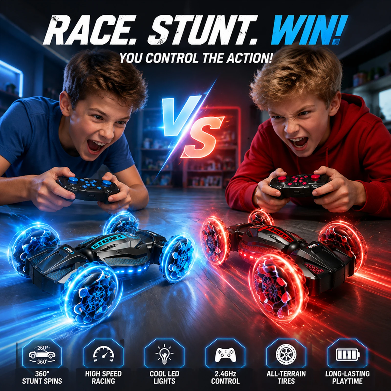 Remote-Controlled Toy Car, Stunt RC Off-Road Vehicle, Stunt Off-Road Toy Car, Four-Wheel Drive, Cool Lights and Music, 360-Degree Rotation, Capable of Flat Running and Climbing, 2.4GHz Remote Control with Dual Controllers, Includes a Handheld Remote and a