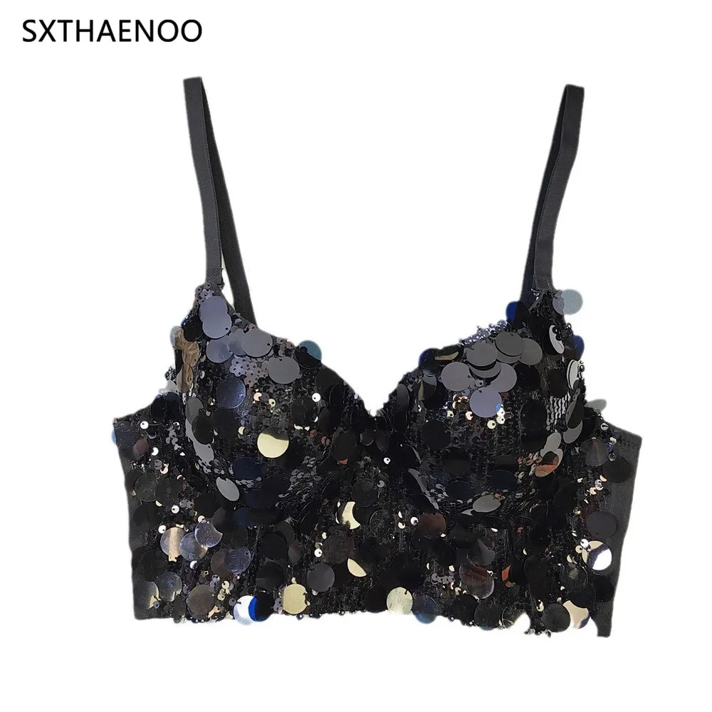 SXTHAENOO 2024 Sexy Sequin Tops Women Backless Camis Night Club Party Corset Crop Top Streetwear Push Up Bustier Bra топ женский