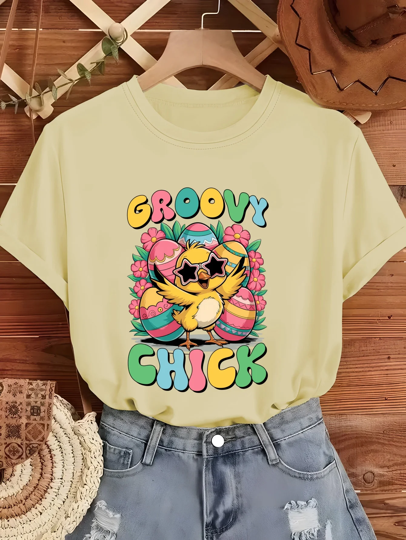 Retro Themed Printed T-shirt Star Shaped Sunglasses Cool Chick Pop Style Gift, Trendy Top, Soft and Breathable, Easy To Care For