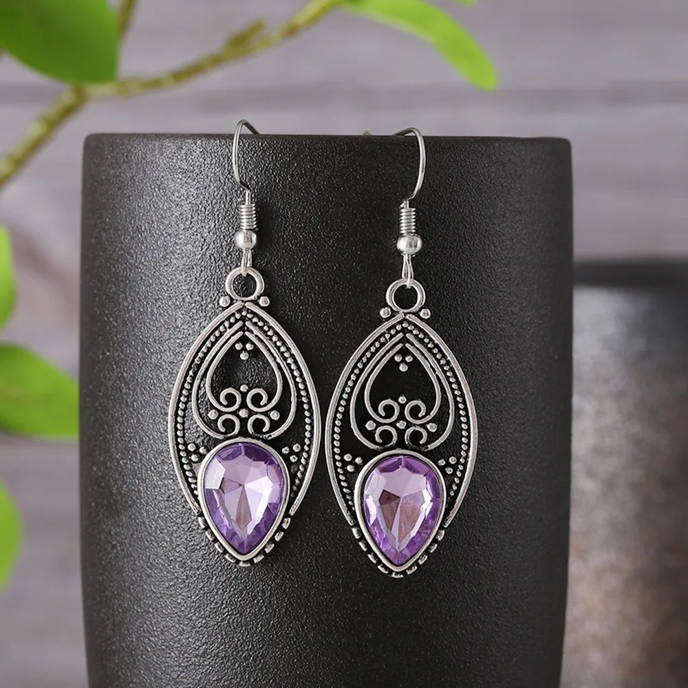Retro Luxury Geometric Hollowed-out Water Drop-shaped Purple Crystal Dangle Earrings for Women Fashion Personality Jewelry Gifts