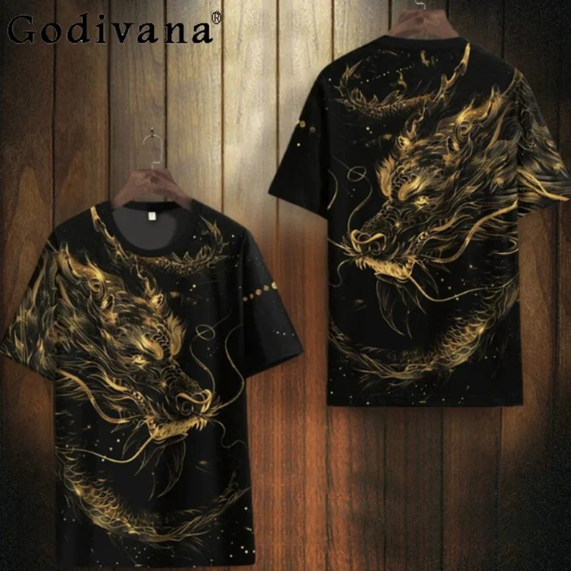 

Handsome Chinese Style Print Short Sleeve Men Summer Thin Slim Fit T-shirt Fashion Round Neck Leisure Chic Round Neck T-shirts