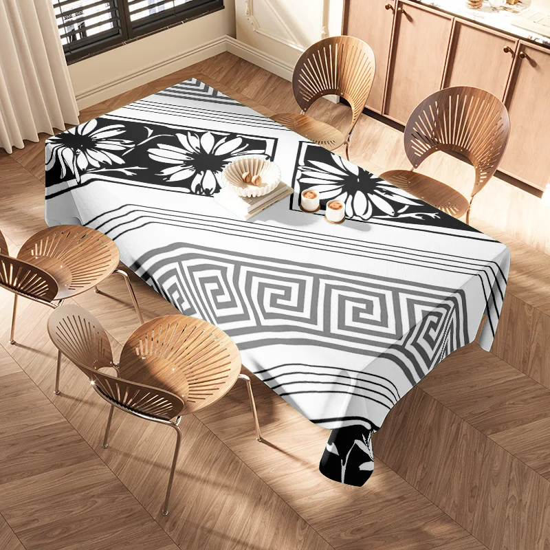 الحديثة الشمال طاولة طعام القماش أسود أبيض الأزهار تصميم هندسي ثلاثية الأبعاد مطبوعة مستطيلة البوليستر المطبخ ديكور Tablecl #2