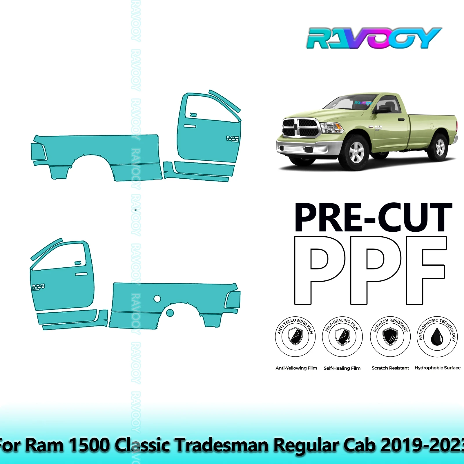 

For Ram 1500 Classic Tradesman Regular Cab 2019-2023 8.5mil Pre-Cut PPF Door & A/B Pillar Kit TPU Paint Protection Film Set