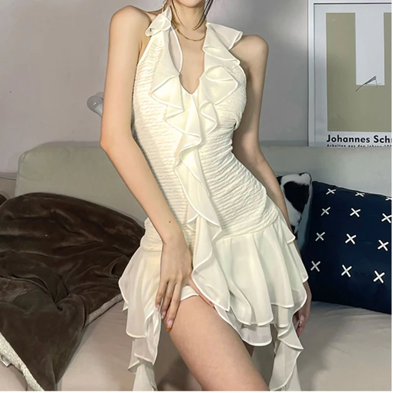 French Ruffles Folds Solid Women Dress Fashion High Waist A Line Ladies Mini Dress Summer Sexy Off Shoulder Female Vestidos