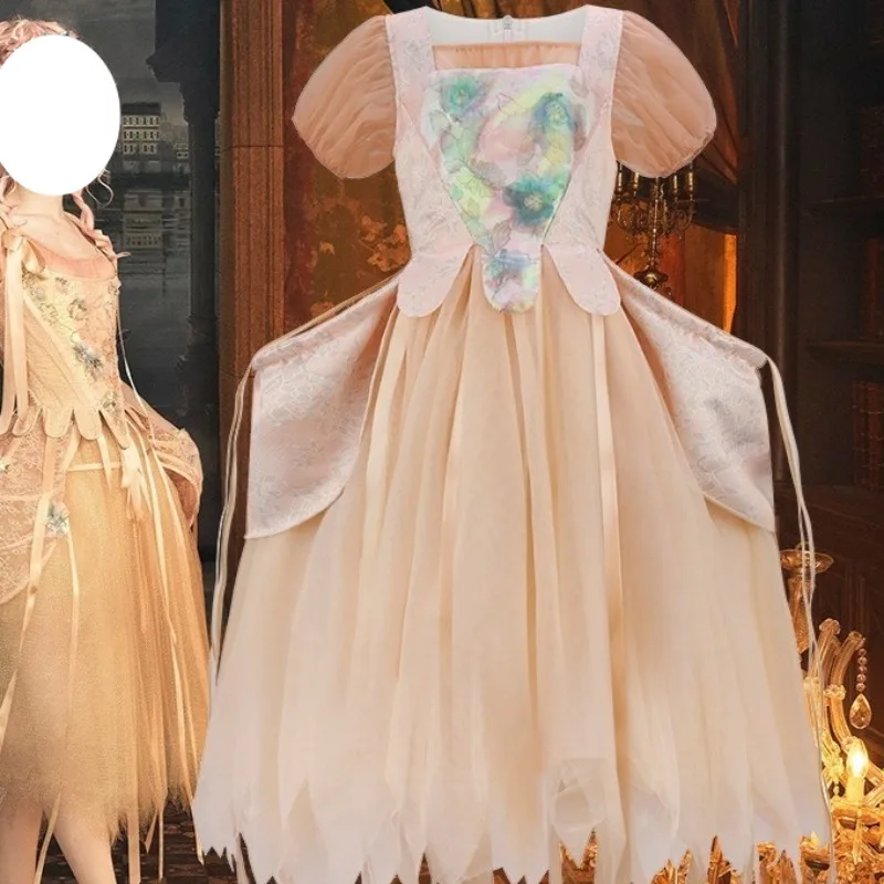 

Movie Enid Cosplay Sinclair Costume Gowns Champagne-colored Dress with Flowers and Ribbons Elegant Clothes for Girls Theme Party