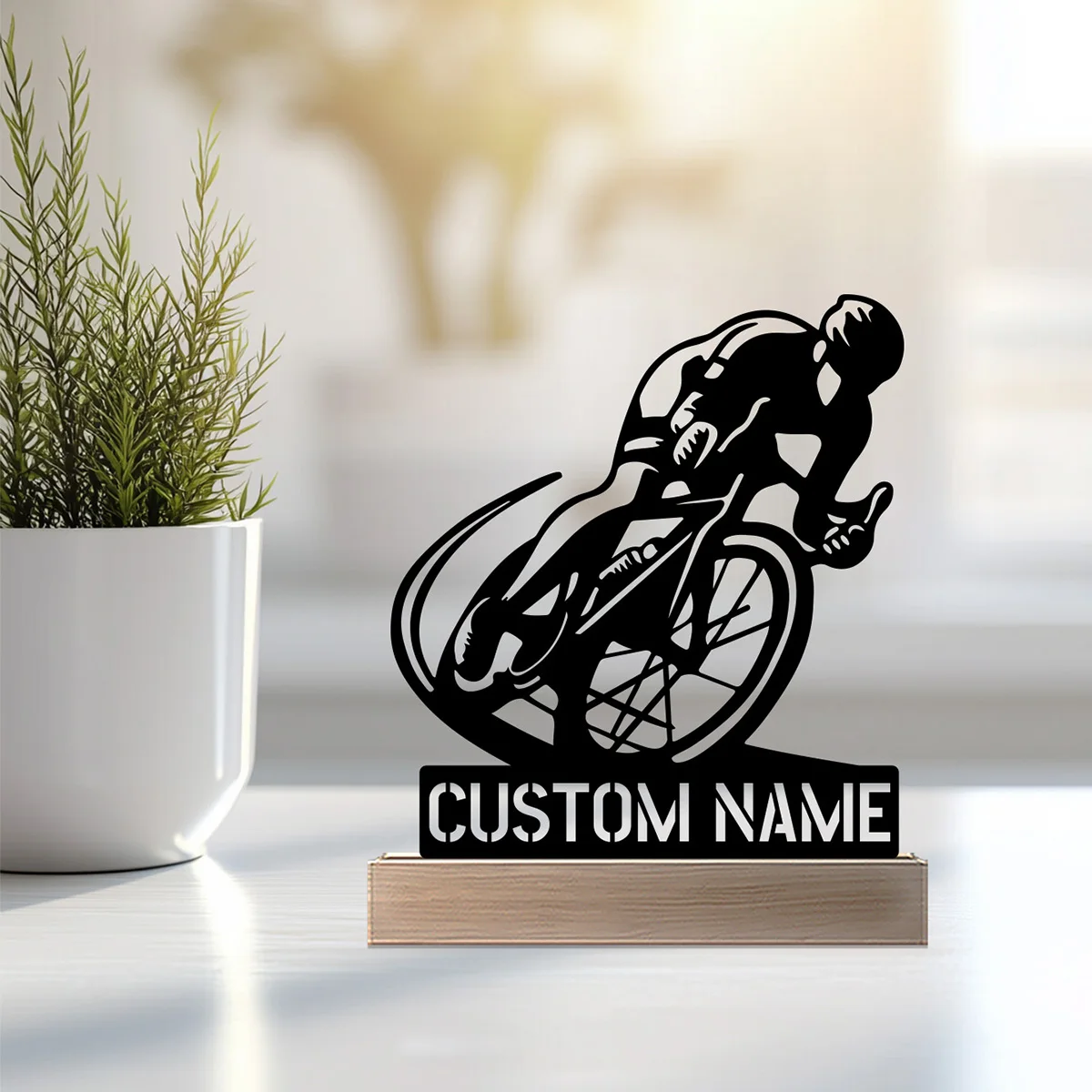 รูปปั้นจักรยานทันสมัยแบบเฉียง 1 ชิ้น พร้อมฐานไม้ งานโลหะสั่งทำพิเศษ ประดับตกแต่งด้วยเหล็กและงานฝีมือจากโลหะดีบุก พร้อมฐานไม้