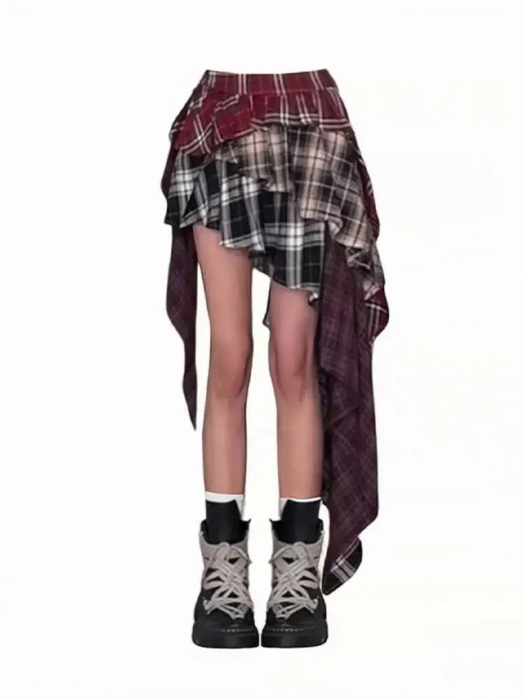 Y2K Women's Skirt Irregular Plaid Patchwork Large Size Summer Spice Girl Design A-line Skirt Trendy Pleated Streetwear Harajuku