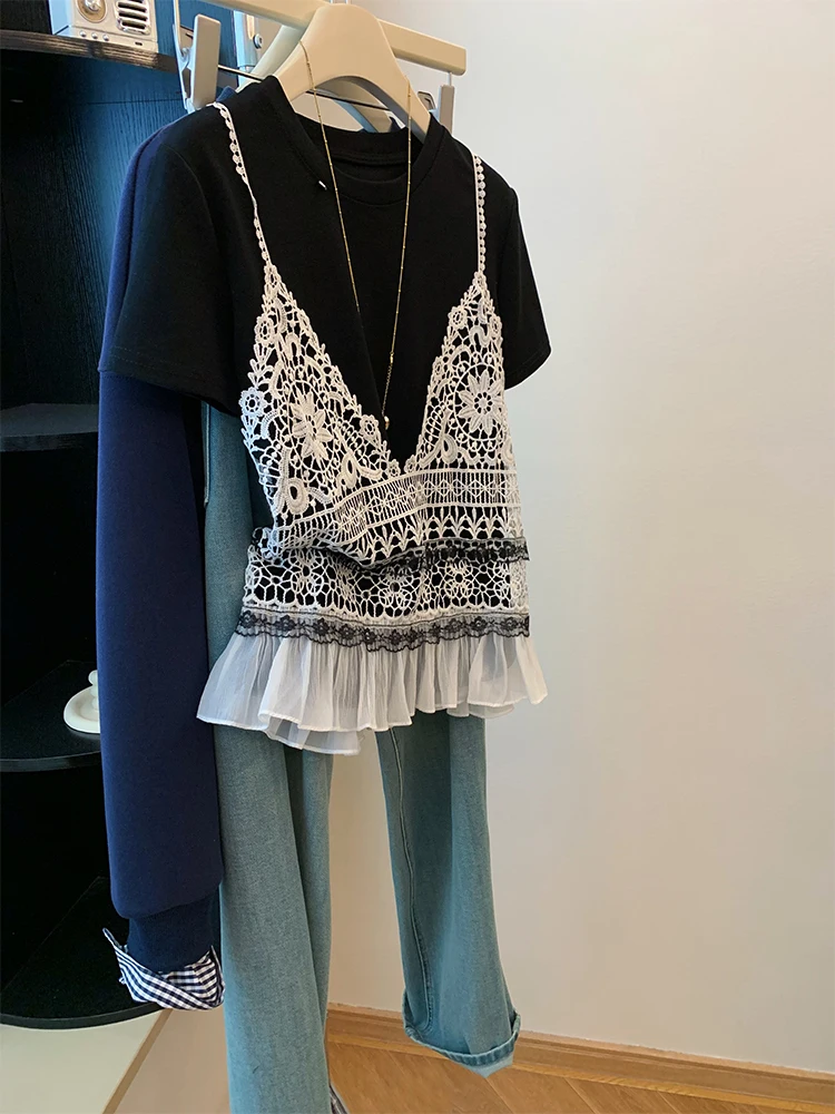 

Сводная футболка с тяжелой вышивкой и полым крючком с цветочным ремнем, женская летняя футболка большого размера