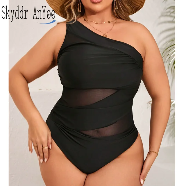 Plus Size One Shoulder Women's Swimsuit 2025 One-piece  Black Sexy Swimwear Tummy Control Bathing Suit Monokini