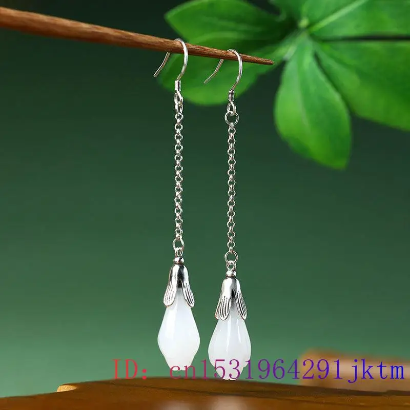 White Real Jade Flower Earrings Natural Jewelry Women Vintage Amulet Gifts Charm Energy Gemstone 925 Silver Fashion Stone