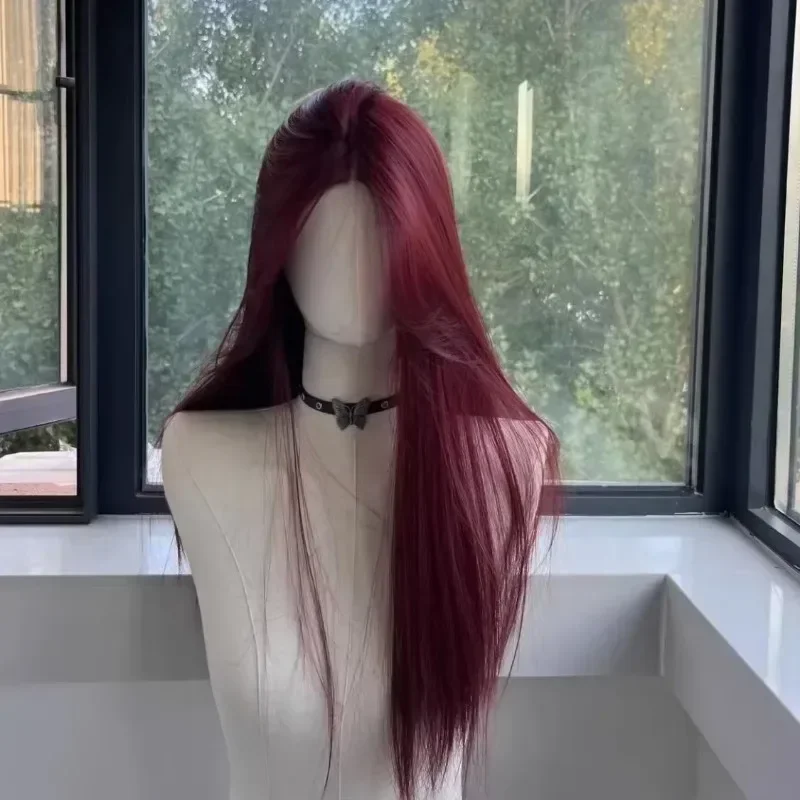 Coney hand woven forehead lace raspberry red medium split long straight French wig women's full head wig thin synthetic