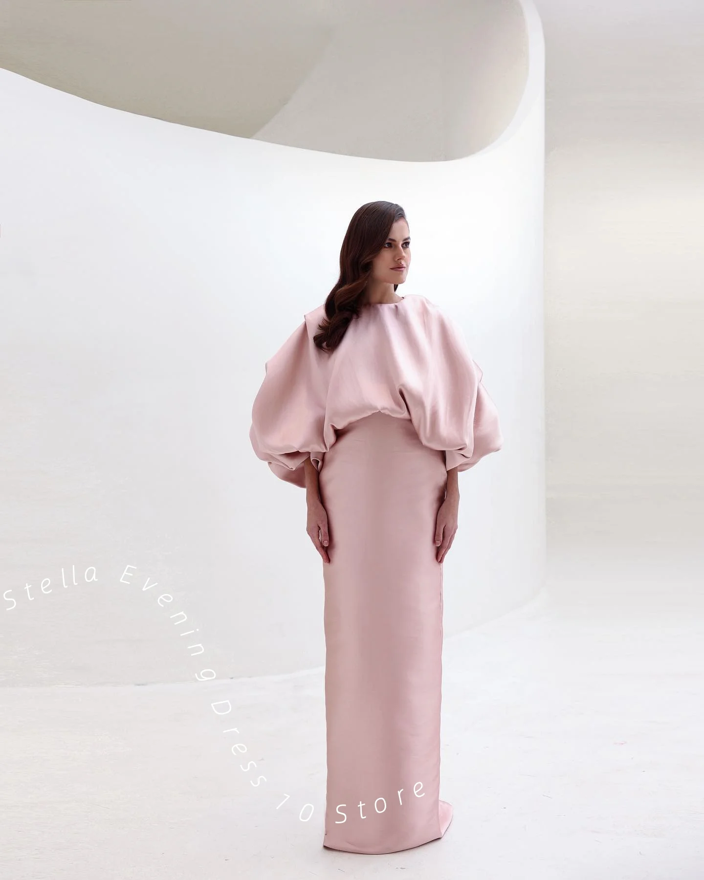 Customized  Elegant Graceful Pink Evening Dress Bridal Party Exquisite Sweep Train Sequined Satin Puff Sleeves Sheath L