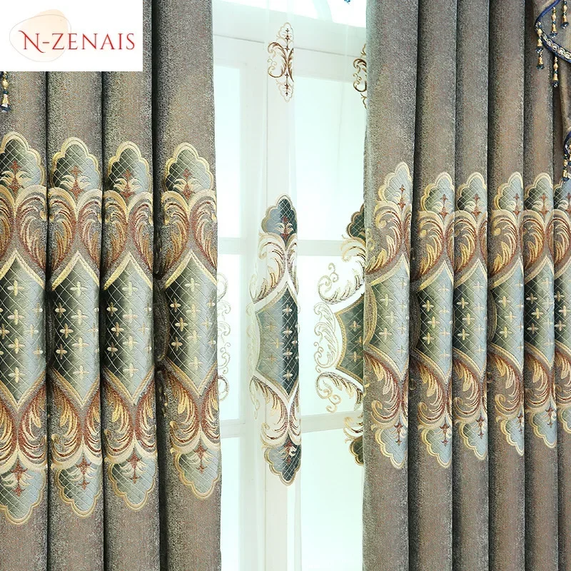 European Luxury Semi-Blackout Jacquard Embroidery Curtains For Living Room Bedroom Dining Custom Size Decor Classic Retro Tulle