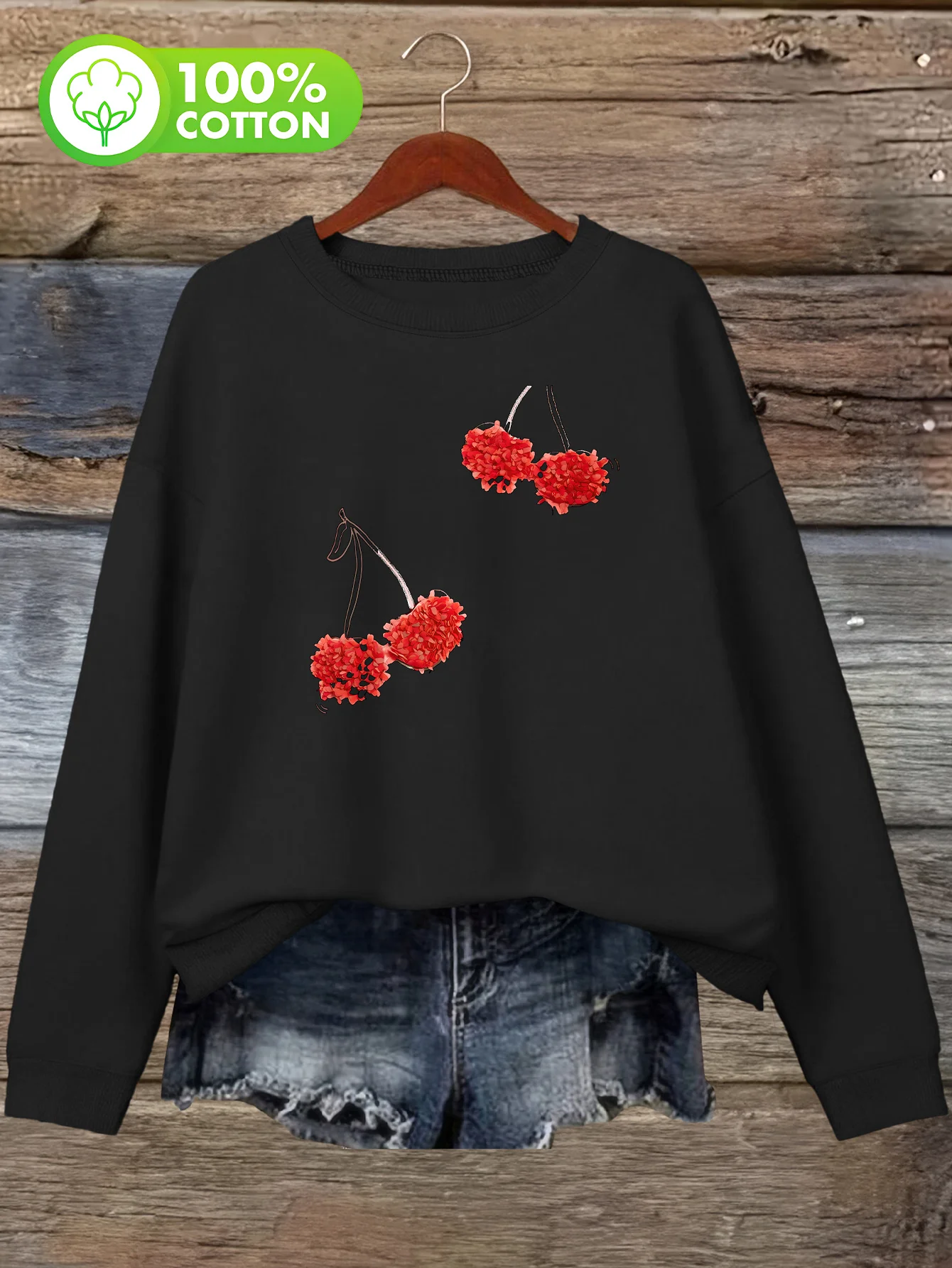 Maglione senza cappuccio da donna in cotone 100% divertente fragola e fiocco rosso art retrò casual girocollo maglione quattro stagioni comodo