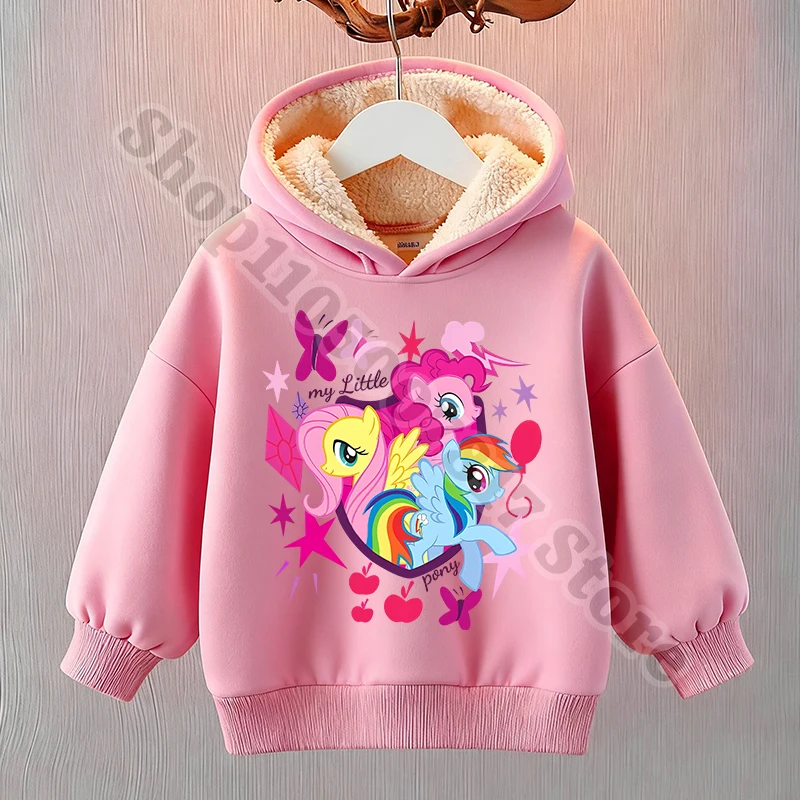 Felpe con cappuccio carine per bambini Cartoon My Little Ponys Ragazza Felpa con cappuccio in pile Top a maniche lunghe Felpa con cappuccio moda casual per bambini Regalo di Natale