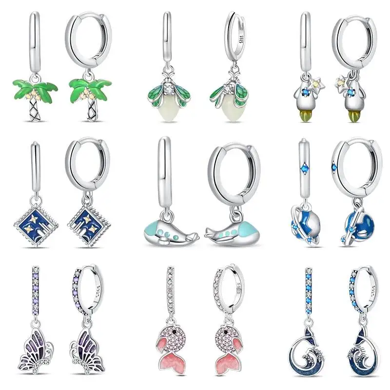 Hapilife Fashion Luminous Firefly Hoop Earrings 925 Sterling Silver Purple Butterfly Wave Fishtail Pendant Earrings Jewelry Gift