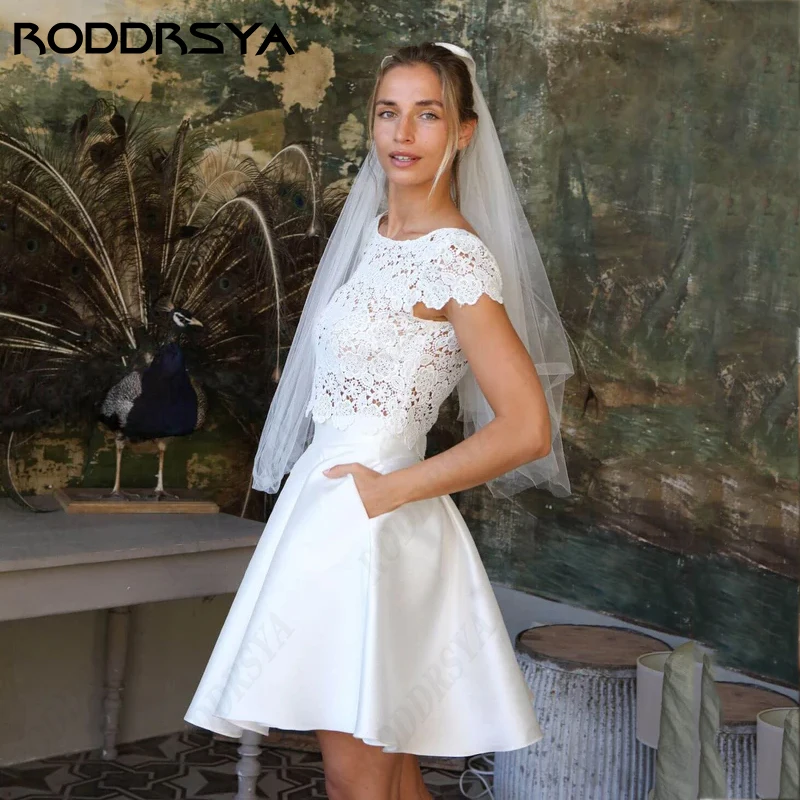 RODDRSYA Vestido De Noiva Cap Sleeve Two Pieces Wedding Dress For Women With Flowers Insertable Pocket Bridal Party Retro O-Neck