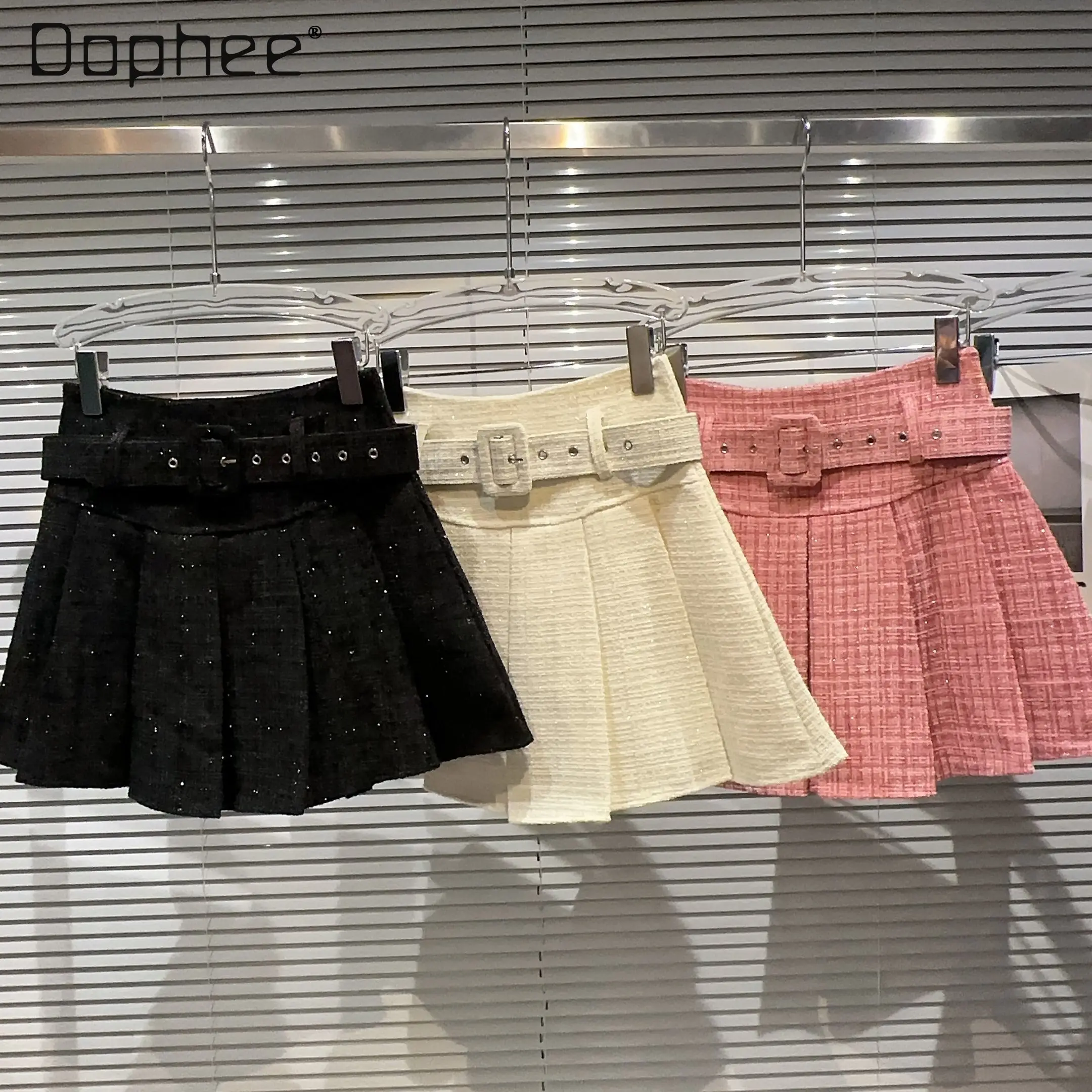 

Elegant Bright Silk Tweed Short Pleated Skirt for Women 2023 Autumn New Office Ladies A- Line Solid Color Belted Ruched Skirt