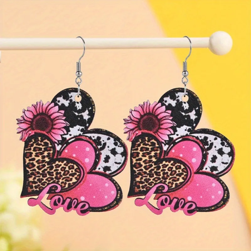 Pink Leopard Print Heart Shaped Sunflower Fashion Drop Earrings Wood Flat Accessory for Women and Girls