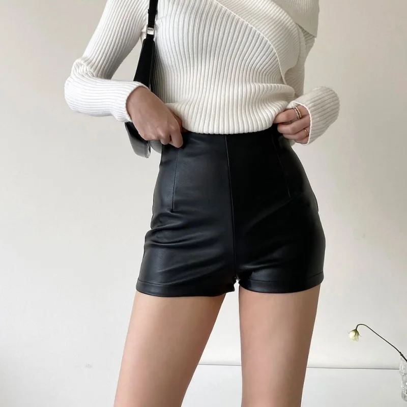 PU Tight Leather Shorts Black Women's Clothing 2023 Autumn Winter Thin Slim High Waist Short Pants Sexy Bottoming Female