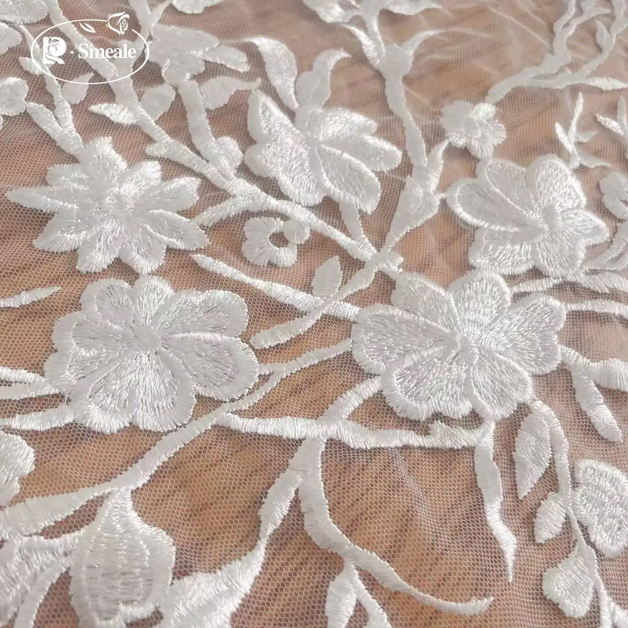 Embroidered Flower Twig Dress Lace Mesh Fabric, white, RS2562