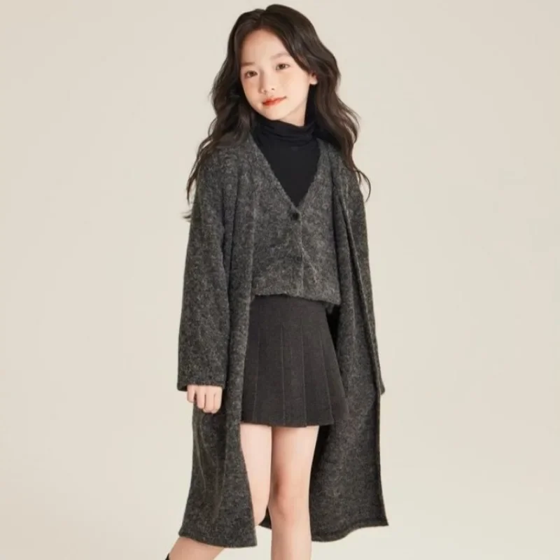 Girl's Oversized Knit Cardigan Vest Mid Length Sweater 2025 Autumn Winter New Tween Girls Versatile Loungewear 5