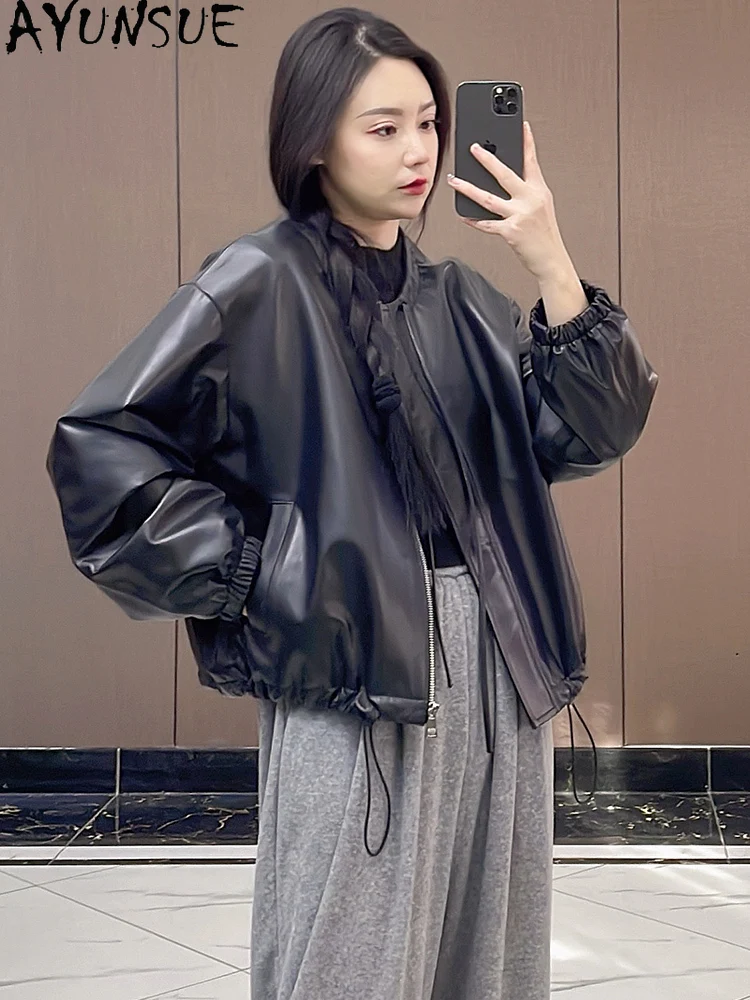 Ayunsue jaquetas de pele de carneiro genuína mulher 2025 outono jaquetas de couro mulher roupas moda solta couro genuíno topo abrigo mujer
