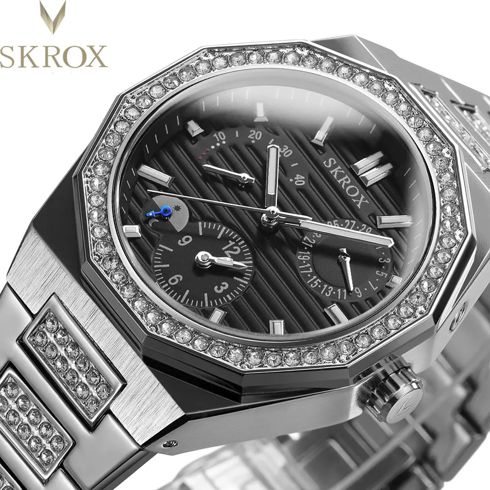 2024 SKROX GMT Dual Time-Zones Luxury Diamonds Automatic Man Watch Stainless Steel Mechanical Power Display Sun and Moon Clock