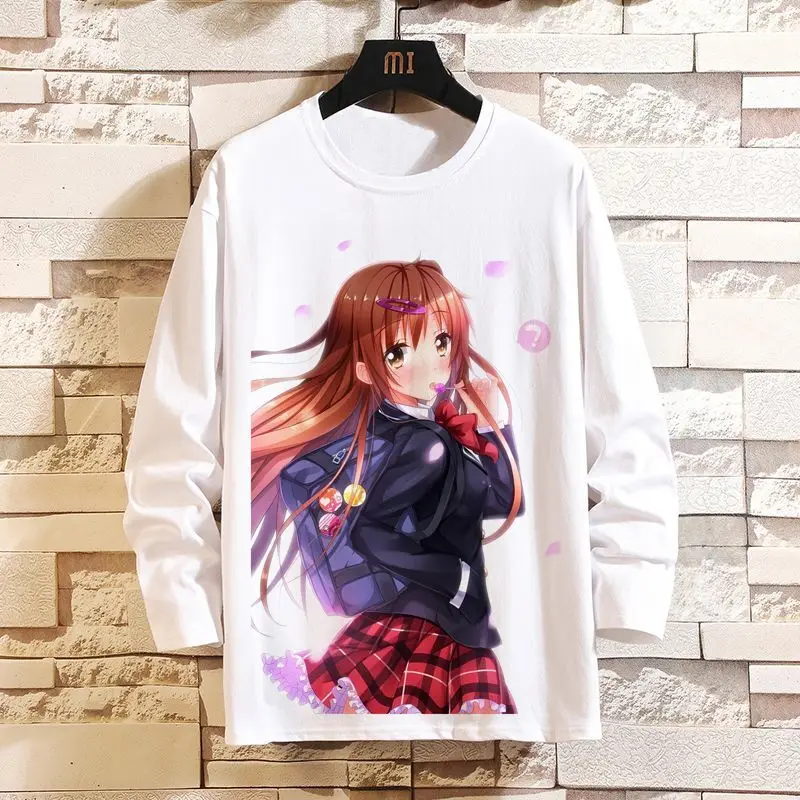 เกมอนิเมะชูนิบิวยังต้องตกหลุมรักผู้ชายและผู้หญิงเสื้อยืดแขนยาวนกน้อยทัวร์ริกก้าอุปกรณ์ต่อพ่วงสองมิติ