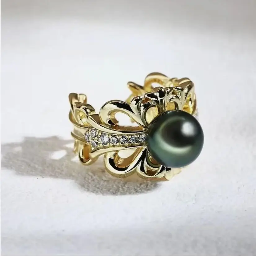 

Потрясающее кольцо с таитянским круглым черным зеленым жемчугом 9-10 мм 925-х годов