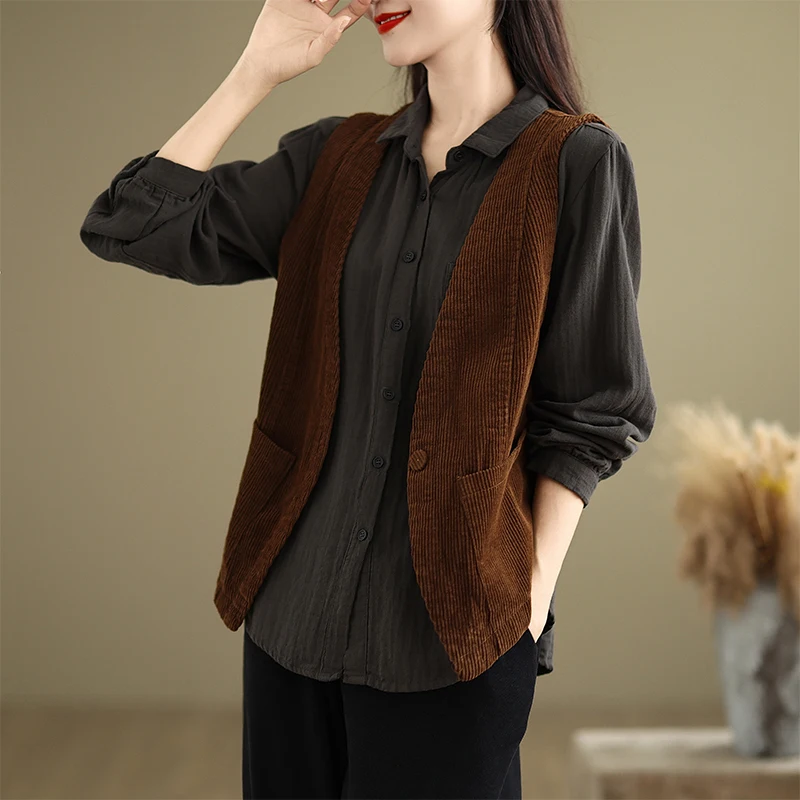 Pure Color V-Neck Velvet Women's Jacket Vest Autumn New Style Fashionable Versatile Button-Up Outerwear by Unknown Brand
