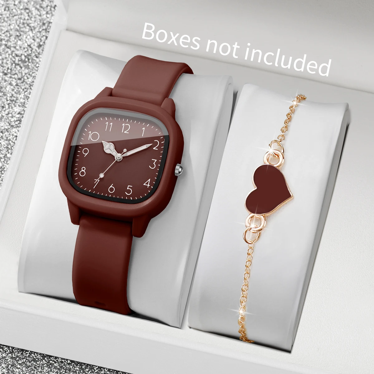 2PCS Fashion Silicone Strap Women Watches Heart Bracelet Set Elegant Square Sports Wristwatch Reloj Mujer Gift(Without Box)