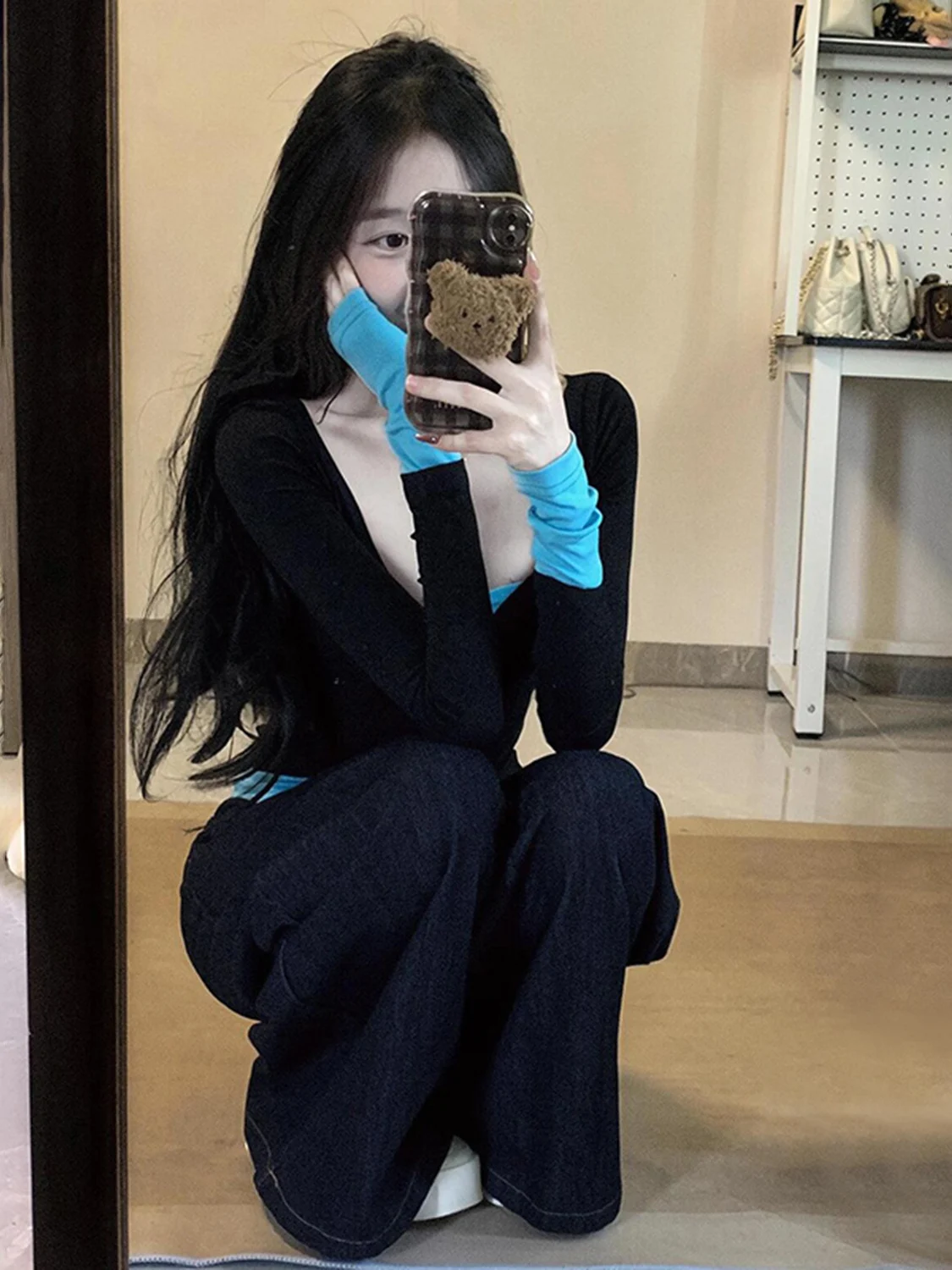 Camiseta Feminina de Outono Estilo Retrô Americano, Efeito Duas Peças, Manga Longa, Tamanho Pequeno, Cor Bloqueada, Ajuste Slim