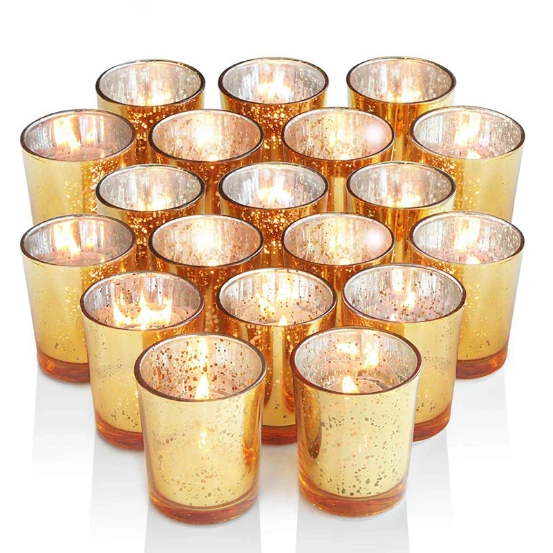 Gold-Votivkerzenhalter, 12 Stück, gesprenkeltes Glas, Teelicht für Hochzeitsfeiern, Hotel, Café, Bar, Geburtstag, Heimdekoration, Party-Geschenk