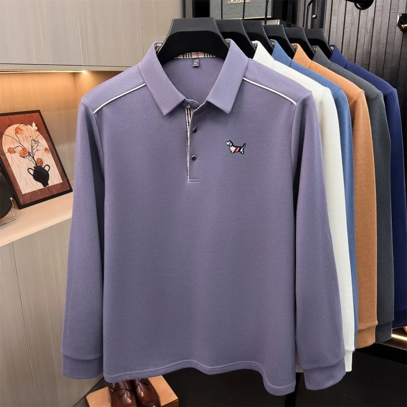 Luxuriöses Herren-Poloshirt mit Stickerei-Print, Herbst-Neuheit, einfarbig, langärmelig, mit Kragen, Business-Casual-Herrenbekleidung – Detail 8