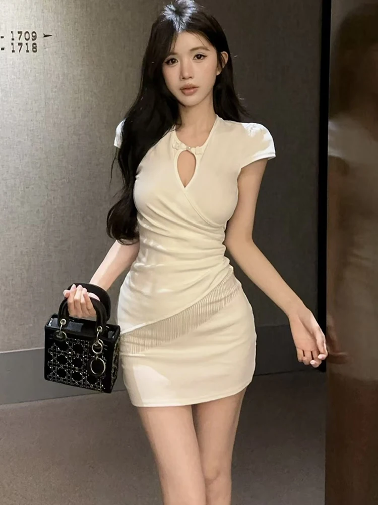 

Women Solid Short Sleeve Diamonds Hollow Out Mini Dress Summer Elegant Chic Tassel Kawaii Dress 2026 Korean Bodycon Party Dress